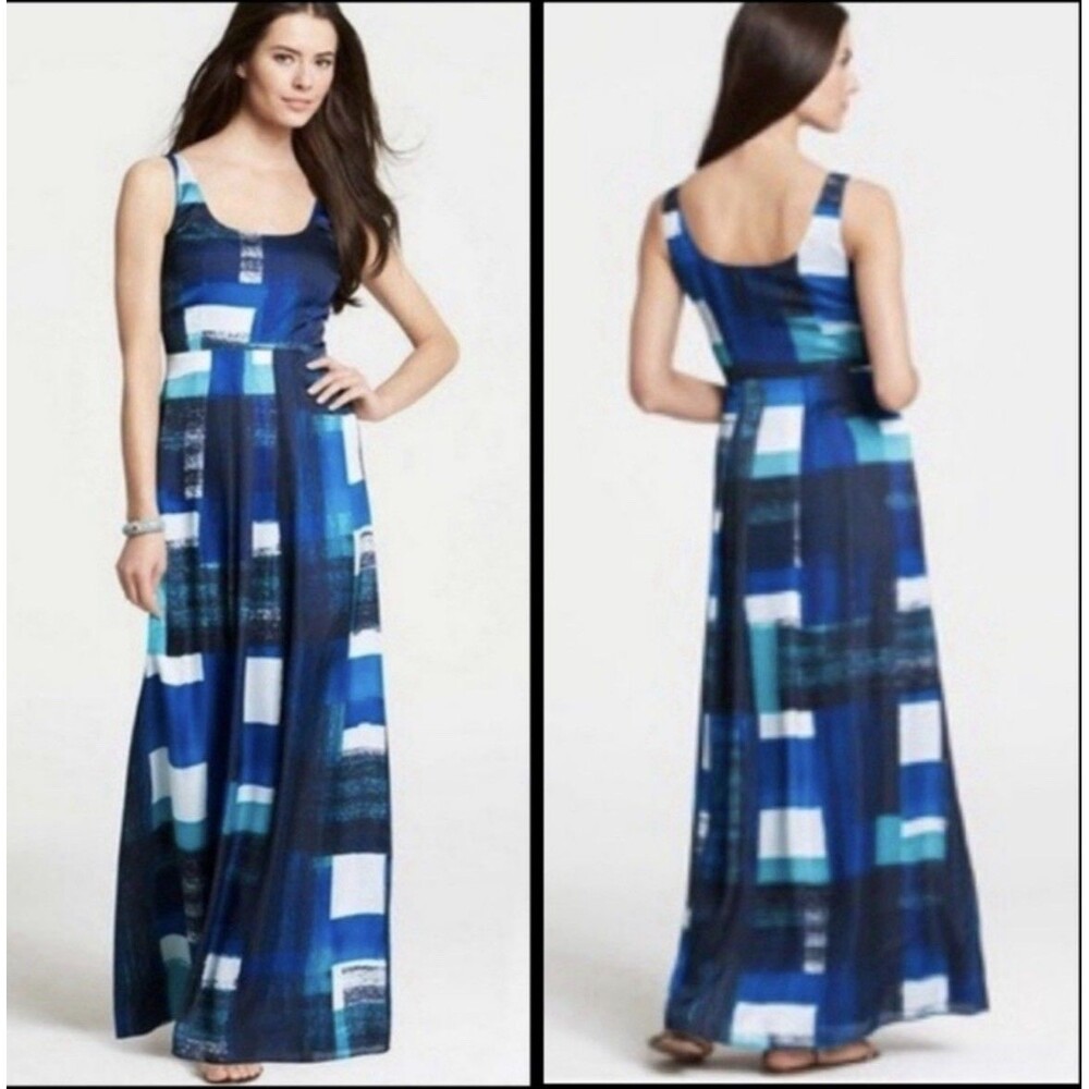 ANN TAYLOR MAXI DRESS Sz 14 SLEEVELESS EMPIRE WAIST GEOMETRIC PRINT NEW SATIN